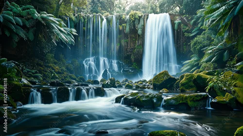 Lush greenery surrounds serene waterfall cascading into tranquil river amidst tropical forest, creating peaceful and rejuvenating natural landscape. Lush greenery surrounds serene waterfall cascading into tranquil river amidst tropical forest, creating peaceful and rejuvenating natural landscape.