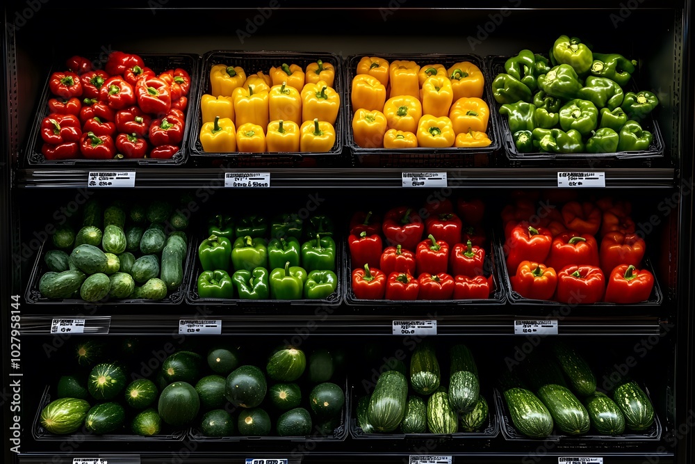 A fresh produce section featuring vibrant seasonal vegetables like bell peppers, tomatoes, and cucumbers, displayed on a clean supermarket shelf A fresh produce section featuring vibrant seasonal vegetables like bell peppers, tomatoes, and cucumbers, displayed on a clean supermarket shelf