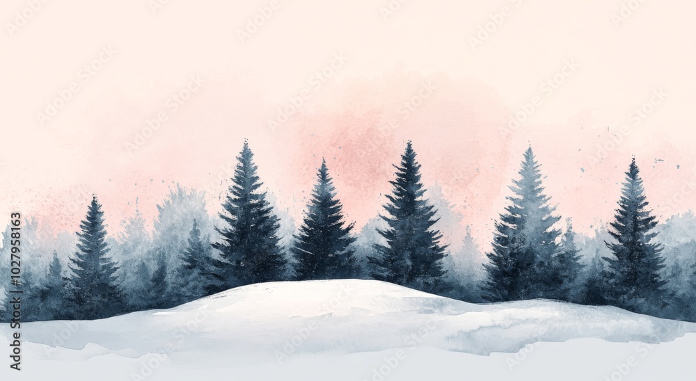 Naklejka premium Serene Beauty of Snow-Covered Pine Trees on Rolling Hills Under a Pastel Sky of Pink and Blue, Evoking Tranquility and Nature's Quiet Majesty.