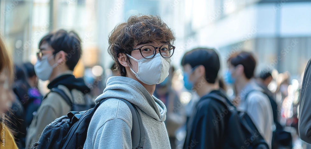 Group of people wearing masks in urban setting, maintaining health safety and awareness, with focus on young man in glasses Group of people wearing masks in urban setting, maintaining health safety and awareness, with focus on young man in glasses