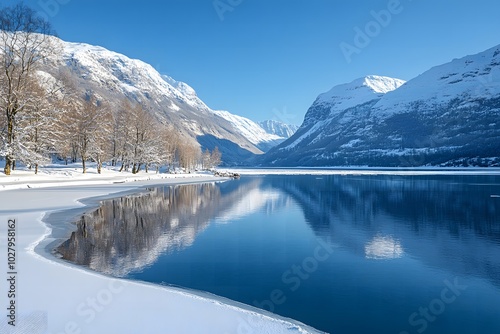 A serene winter landscape with snow-covered mountains and a clear blue sky, with a frozen lake in the foreground