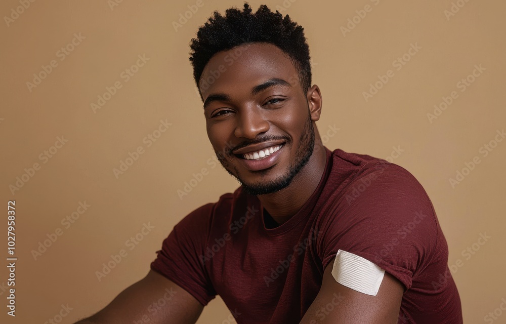 Obraz premium Smiling man in casual wear with a bandage on his arm seated against a neutral backdrop