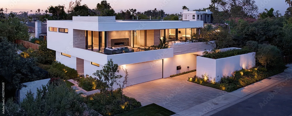 Fototapeta premium Expansive dusk view of a modern house with a rooftop terrace, white walls, large garage, driveway, and a lush corner garden