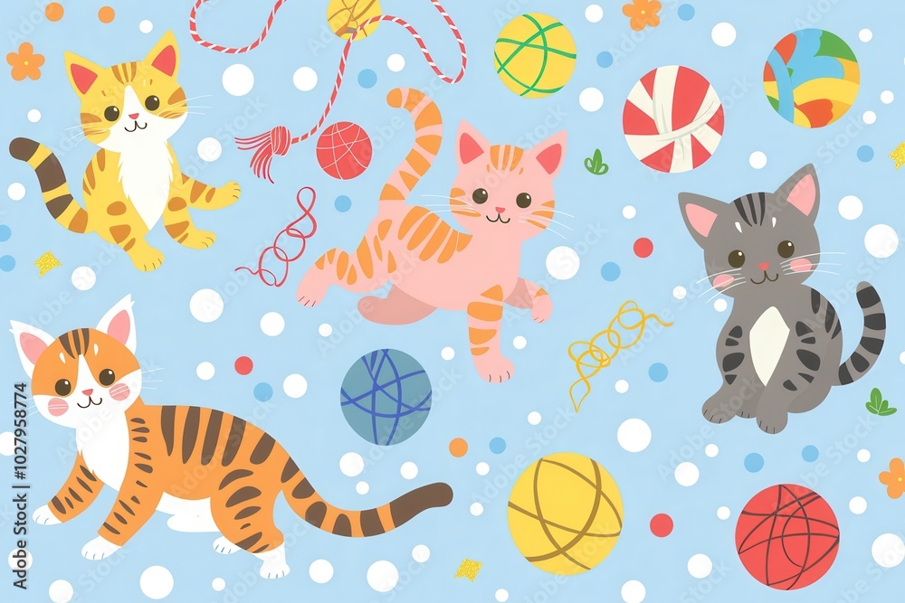 Four adorable kittens are energetically playing with various toys, including yarn and colorful balls, in a lively environment. Generative AI Four adorable kittens are energetically playing with various toys, including yarn and colorful balls, in a lively environment. Generative AI