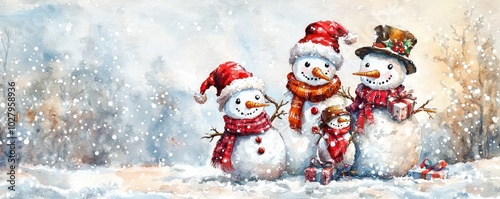 Delightful watercolor painting a snowman family dressed in festive attire, celebrating the joyous spirit Christmas and New Yeara??s Eve, complete with falling snow, suitable for holiday cards and  photo