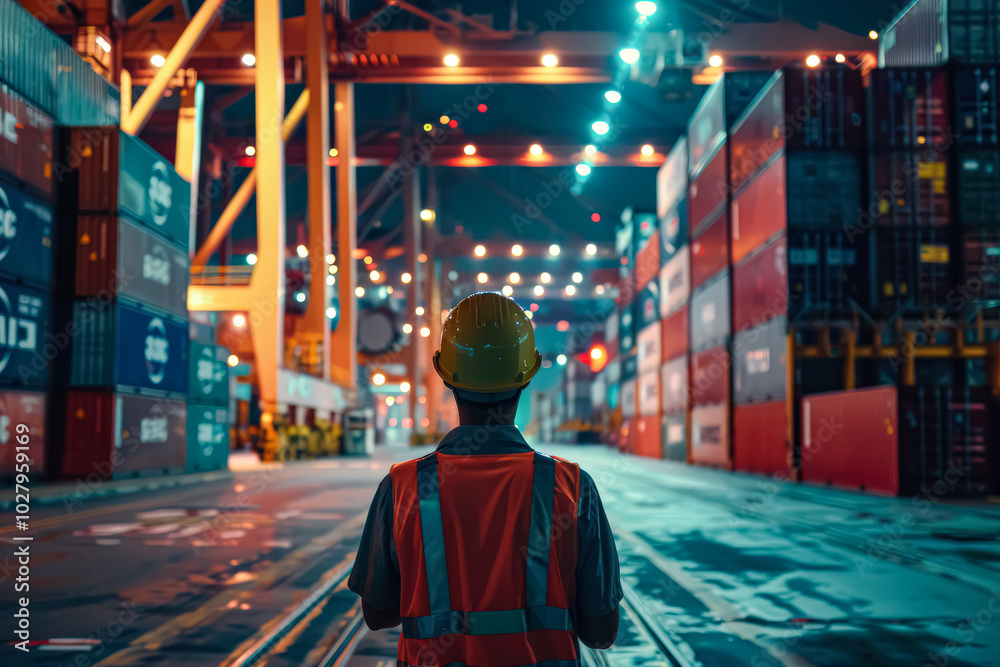 Man in an orange jacket stands in front of a large stack of red shipping containers. He is wearing a hard hat and he is looking up at something. Concept of hard work and dedication Man in an orange jacket stands in front of a large stack of red shipping containers. He is wearing a hard hat and he is looking up at something. Concept of hard work and dedication
