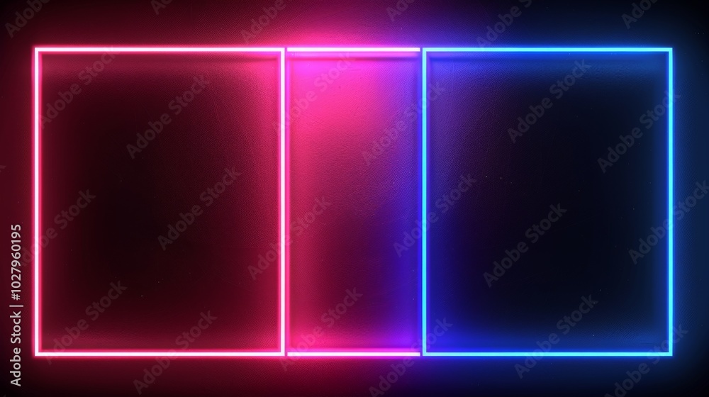 Vibrant and modern design featuring three empty vertical frames glowing with neon light on a dark wall