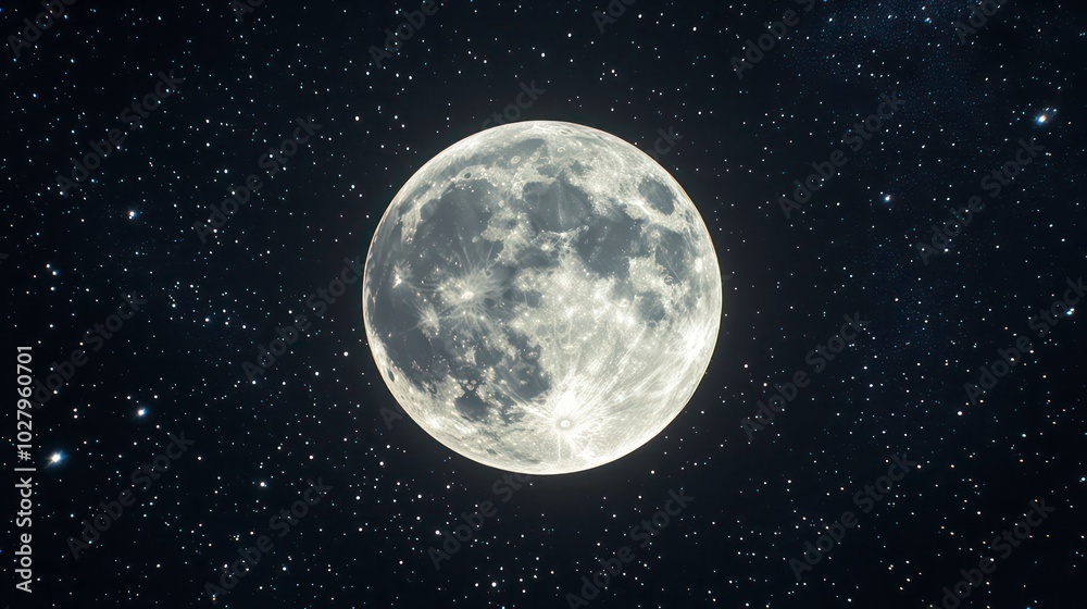 A full moon shines brightly in the night sky, surrounded by a multitude of twinkling stars. A full moon shines brightly in the night sky, surrounded by a multitude of twinkling stars.