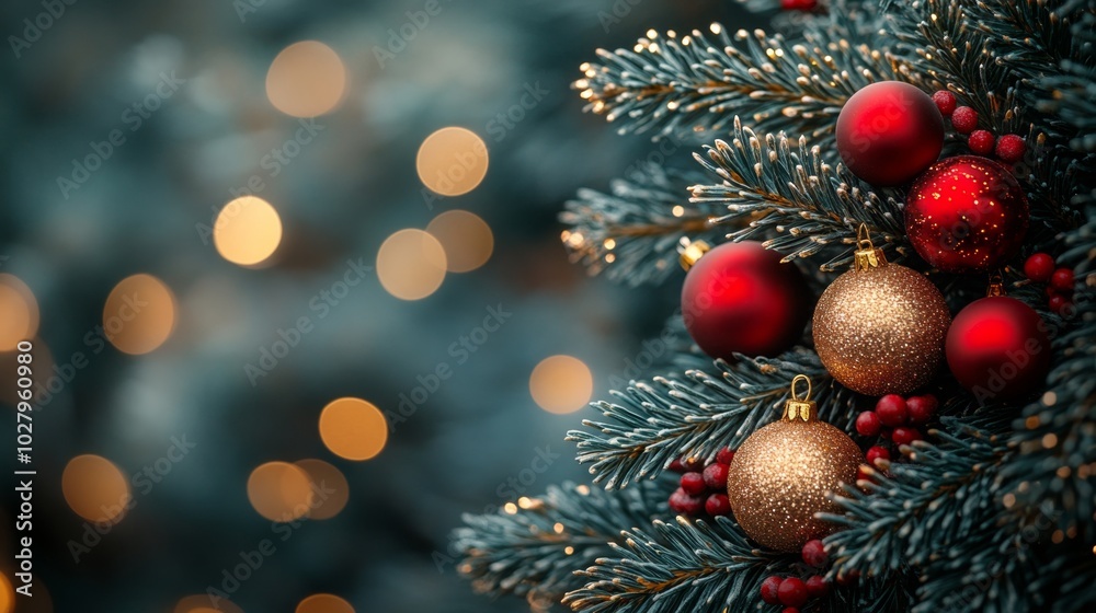 Christmas tree with red baubles, fir cones and lights bokeh background. Space for text. Copy space. Greeting card. Christmas tree with red baubles, fir cones and lights bokeh background. Space for text. Copy space. Greeting card.