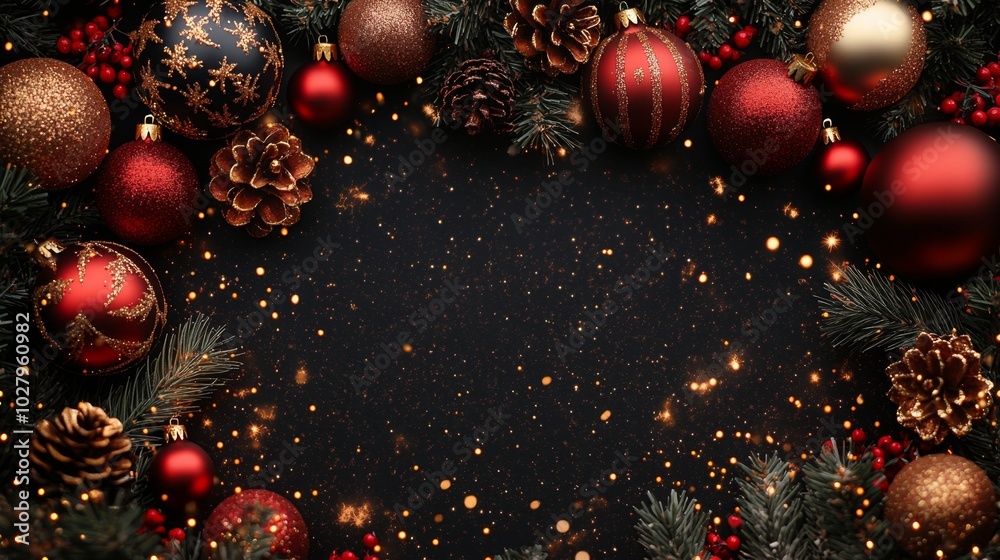 Christmas tree with red baubles, fir cones and lights bokeh background. Space for text. Copy space. Greeting card. Christmas tree with red baubles, fir cones and lights bokeh background. Space for text. Copy space. Greeting card.