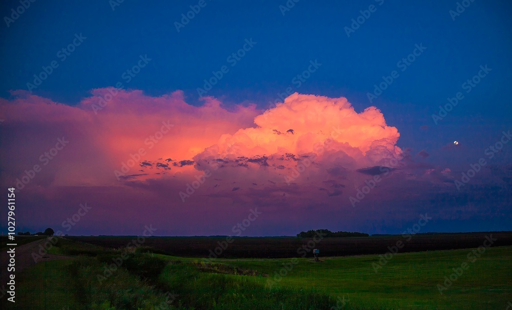 Moonrise and Thunderheads reflecting the sunset over an agriculture field in northeast North Dakota, Moonrise and Thunderheads reflecting the sunset over an agriculture field in northeast North Dakota,