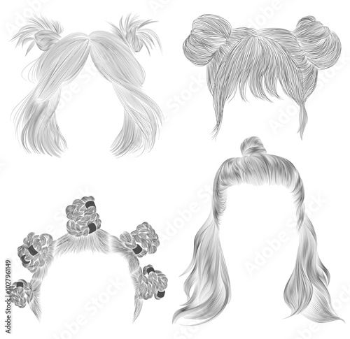 set women hair braids bun. black pencil
drawing sketch .
women fashion beauty style.