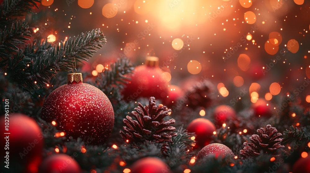 Christmas tree with red baubles, fir cones and lights bokeh background. Space for text. Copy space. Greeting card. Christmas tree with red baubles, fir cones and lights bokeh background. Space for text. Copy space. Greeting card.