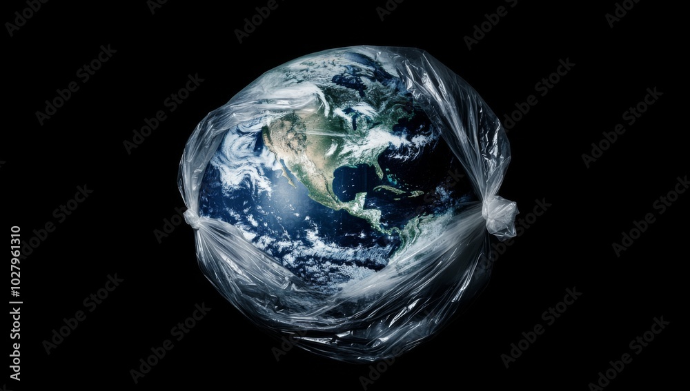 Visual Metaphor of Earth Wrapped in a Plastic Bag, Highlighting the Global Environmental Crisis and Pollution Impacting Air and Water Systems Against a Blue Gradient Background. Visual Metaphor of Earth Wrapped in a Plastic Bag, Highlighting the Global Environmental Crisis and Pollution Impacting Air and Water Systems Against a Blue Gradient Background.