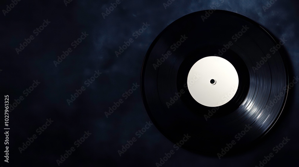 Obraz premium A black vinyl record with a white label against a dark, textured background.