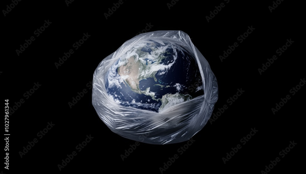 Visual Metaphor of Earth Wrapped in a Plastic Bag, Highlighting the Global Environmental Crisis and Pollution Impacting Air and Water Systems Against a Blue Gradient Background. Visual Metaphor of Earth Wrapped in a Plastic Bag, Highlighting the Global Environmental Crisis and Pollution Impacting Air and Water Systems Against a Blue Gradient Background.