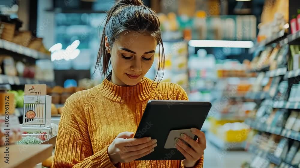 Young woman using tablet in grocery store aisle Young woman using tablet in grocery store aisle