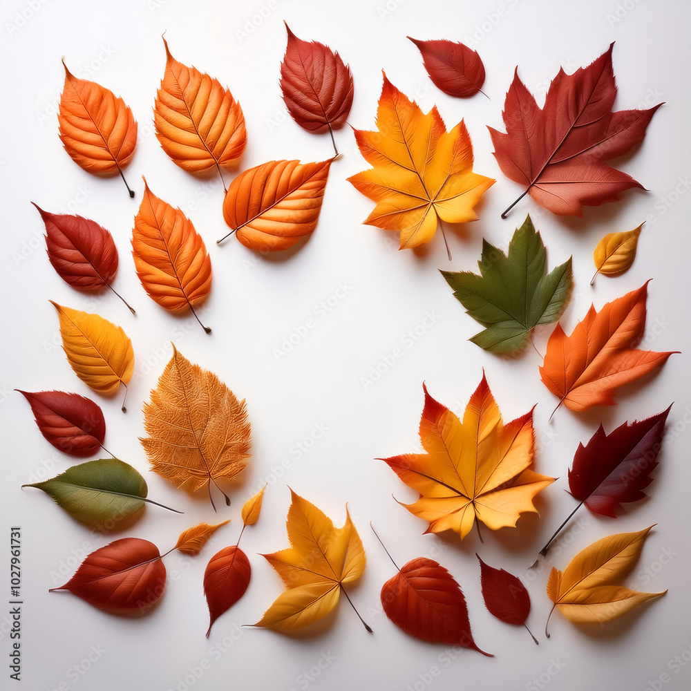 Obraz premium frame of autumn leaves, lying down, isolated on a white background