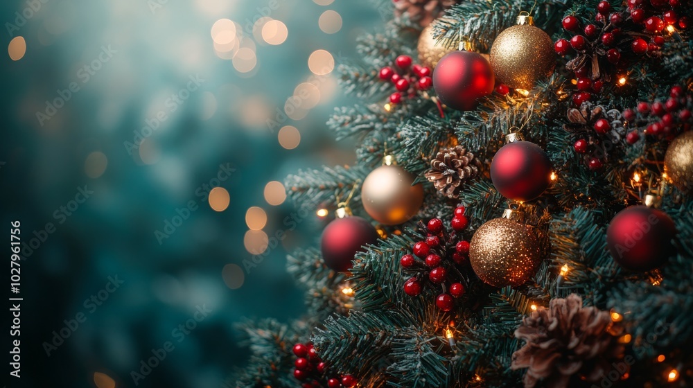 Christmas tree with red baubles, fir cones and lights bokeh background. Space for text. Copy space. Greeting card. Christmas tree with red baubles, fir cones and lights bokeh background. Space for text. Copy space. Greeting card.