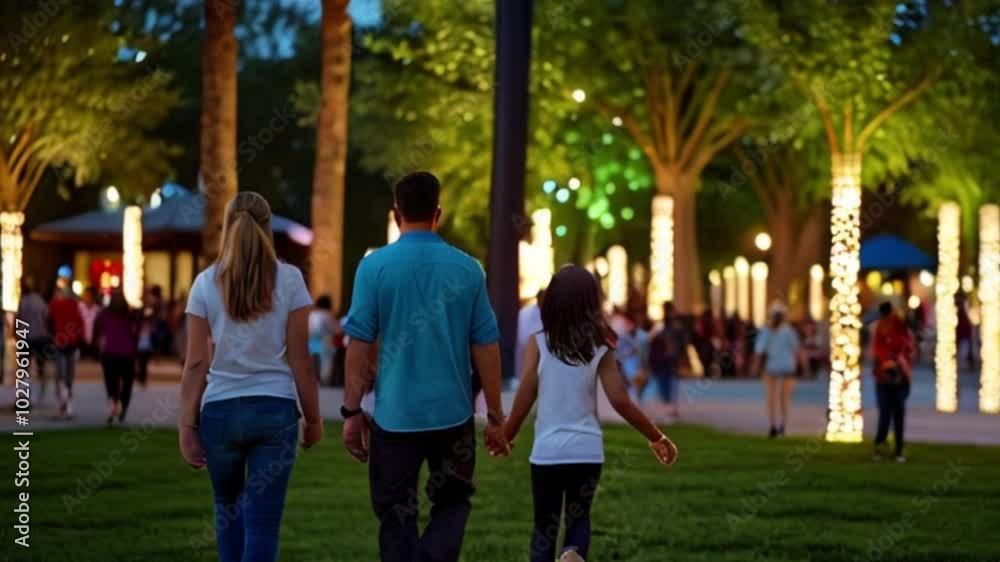 Show a modern city park with contemporary decorations, music, and families enjoying the festivities.