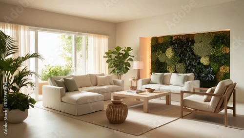 Stylish modern living room interiors with neutral tones, cozy furniture, green plants, and minimal decor—ideal for home decor inspiration, real estate, and interior design projects.