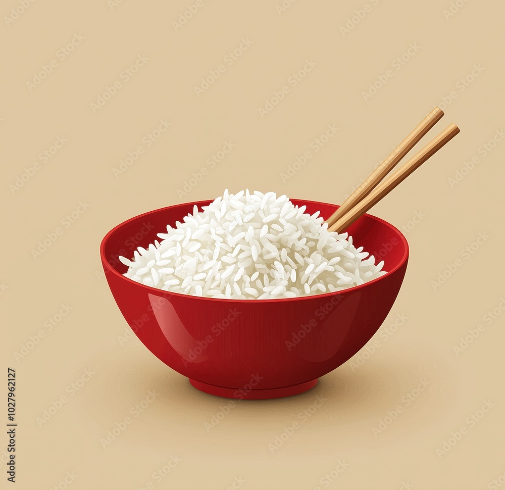 red bowl of rice with chopsticks on beige background red bowl of rice with chopsticks on beige background