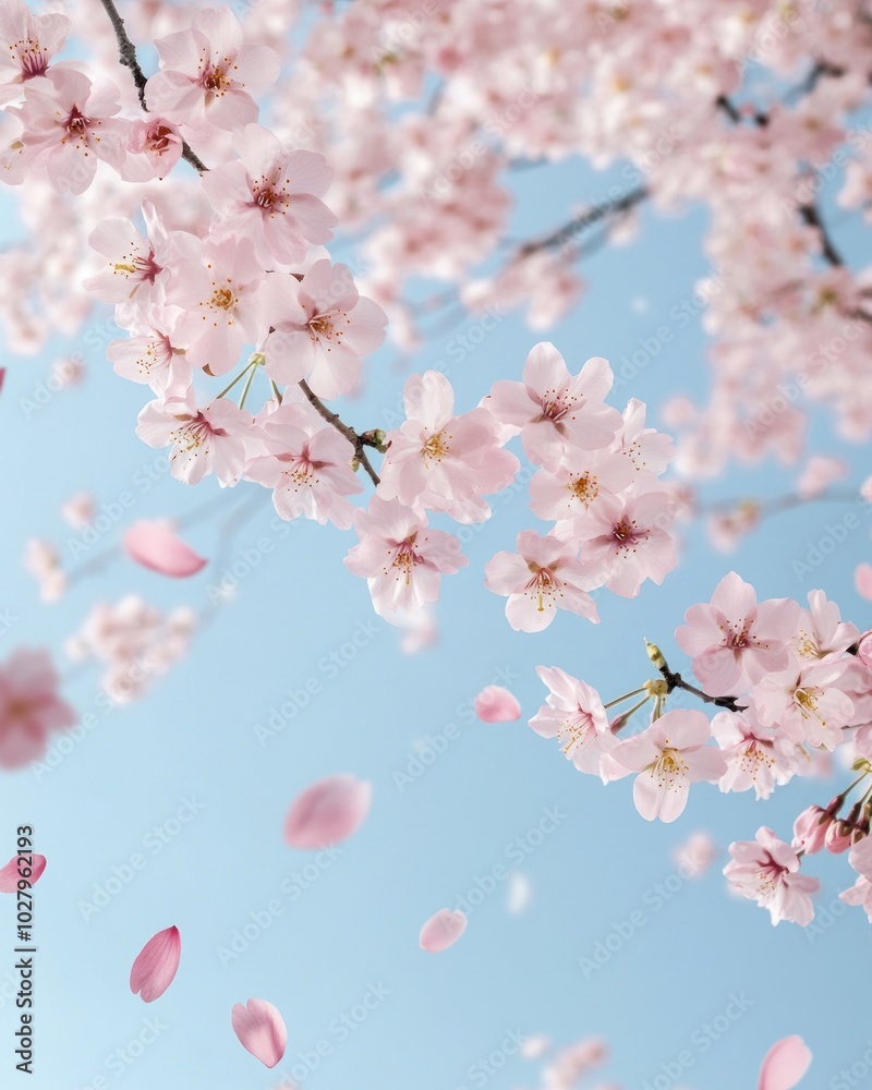Delicate Pink Cherry Blossoms Falling Gracefully Against a Soft Blue Sky. Delicate Pink Cherry Blossoms Falling Gracefully Against a Soft Blue Sky.