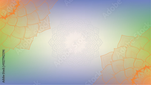 Round mandala on dreamy peach fuzz gradient background. Translucent mesh pattern in the form of a mandala. Mandala with floral patterns. Pastel Yoga template. Gradient background with round mandala.
