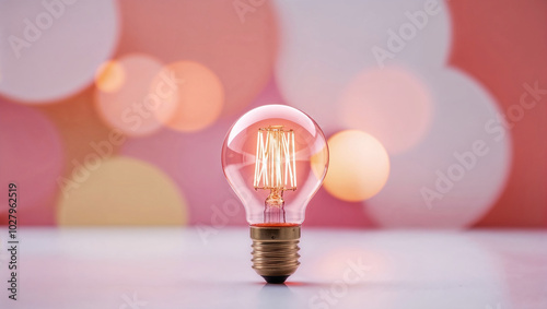 Una lampadina accesa emette luce su uno sfondo colorato con effetto bokeh photo