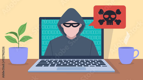 This illustration shows a hacker in a hoodie in front of a laptop with binary code on the screen. A red speech bubble with a skull and crossbones symbol indicates a cyber attack or security threat.