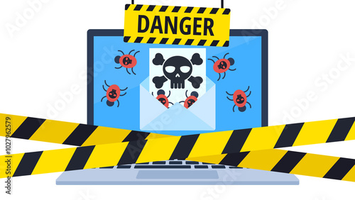 Laptop screen displaying an envelope with a skull and crossbones. Red bugs surround it, symbolizing a virus or malware threat. A 