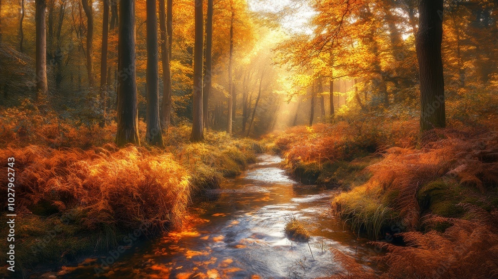 Serene Autumn Forest with Stream and Golden Leaves in Soft Light