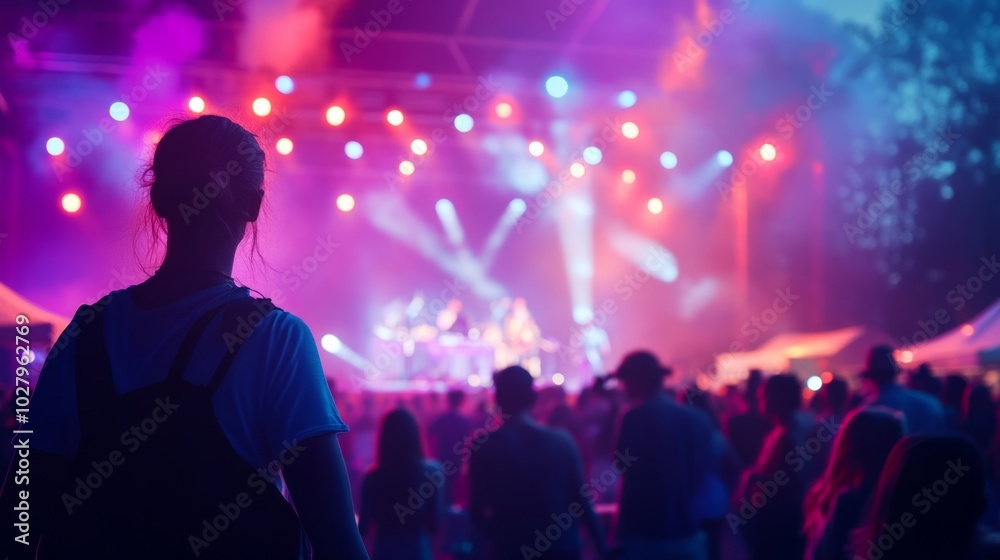 Audience Enjoying a Colorful Music Concert Under Bright Lights and a Beautiful Night Sky Audience Enjoying a Colorful Music Concert Under Bright Lights and a Beautiful Night Sky