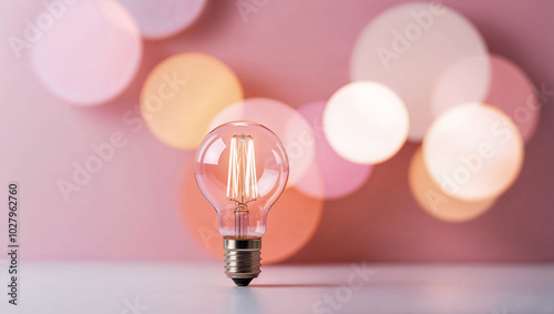 Una lampadina accesa emette luce su uno sfondo colorato con effetto bokeh photo