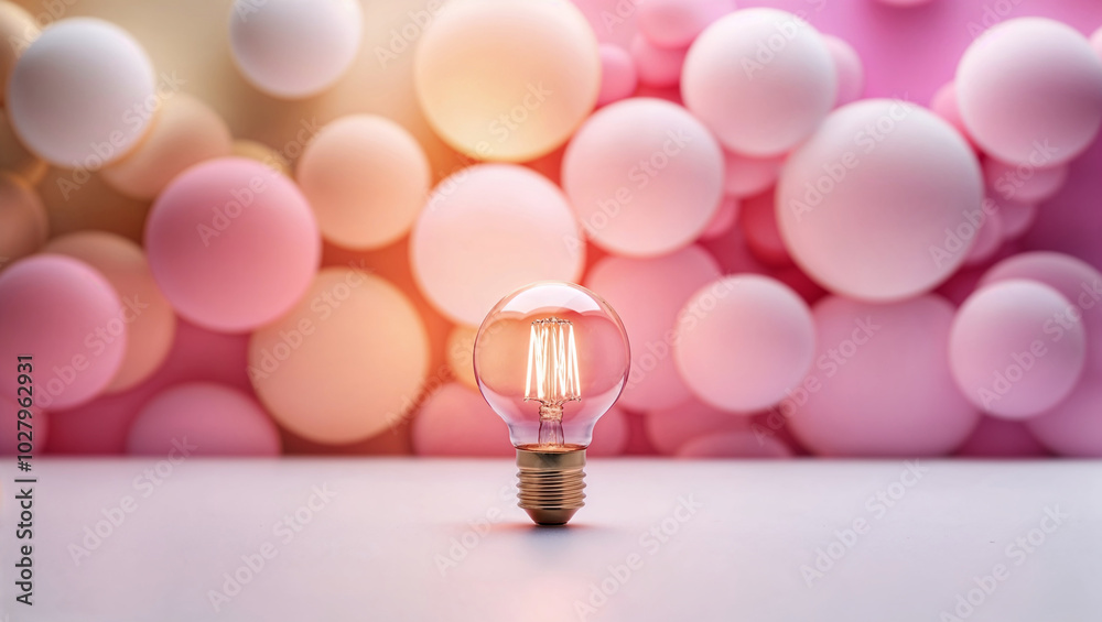 Una lampadina accesa emette luce su uno sfondo colorato con effetto bokeh Una lampadina accesa emette luce su uno sfondo colorato con effetto bokeh