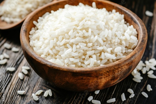 wooden bowl of rice on the table