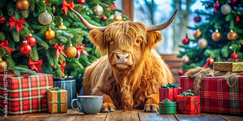 Adorable Highland Cow with Coffee Cup Surrounded by Christmas Gifts and Decorated Tree in Cozy Holiday Scene