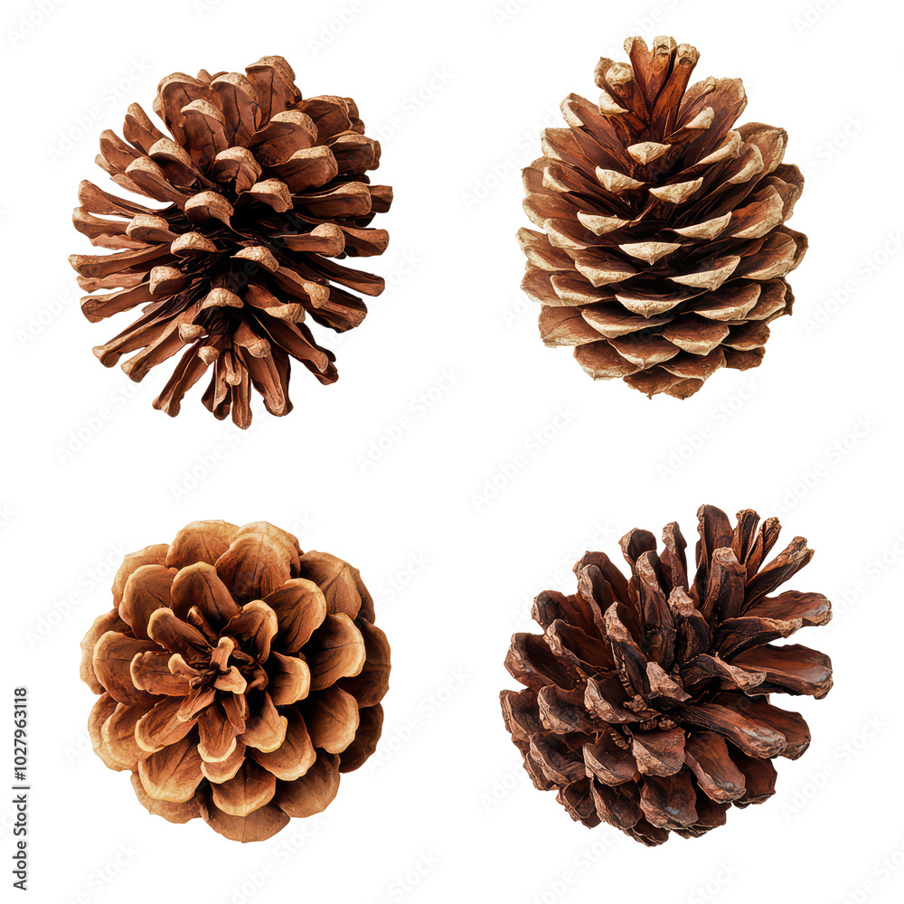Four pine cones arranged on a white isolated background, showcasing various textures and colors. isolated on transparent background. Four pine cones arranged on a white isolated background, showcasing various textures and colors. isolated on transparent background.