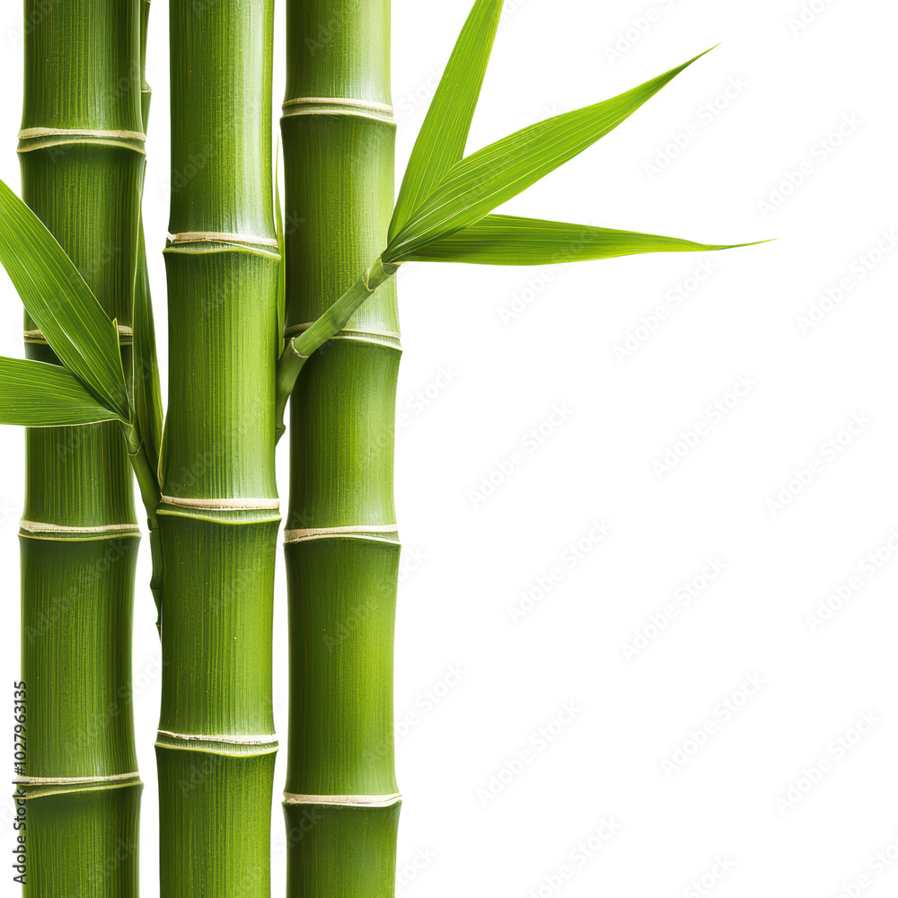 Obraz premium Fresh green bamboo shoots with elegant leaves on a white isolated background. isolated on transparent background.