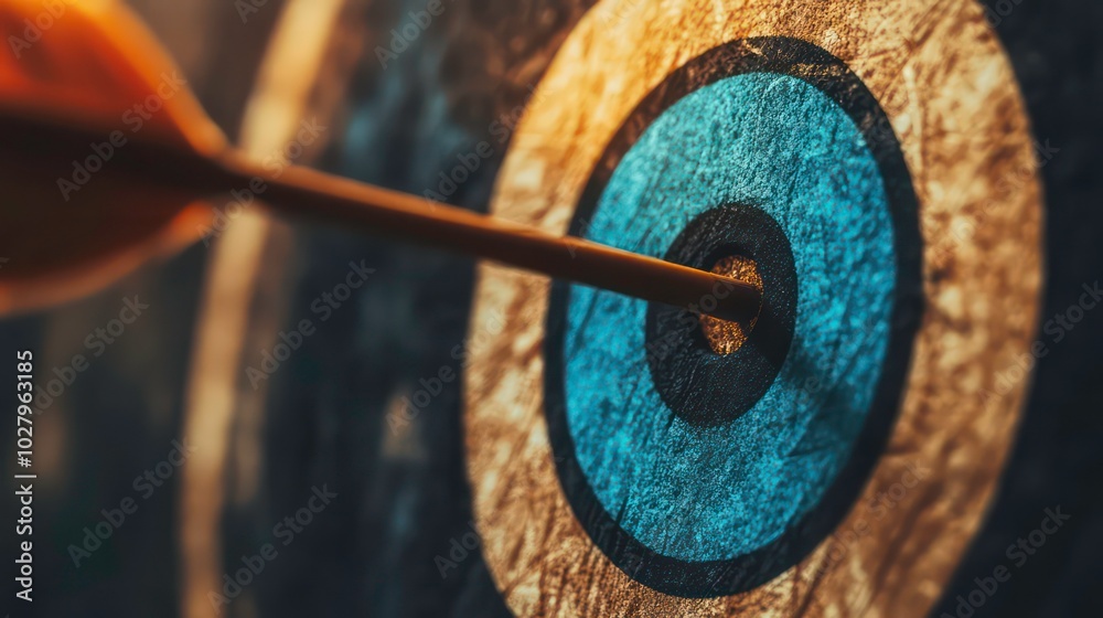A wooden arrow hits the bullseye of a circular target, representing achievement and accuracy. A wooden arrow hits the bullseye of a circular target, representing achievement and accuracy.
