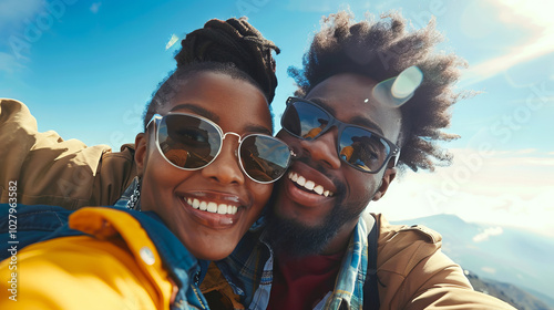 Close-up of a happy African American couple wearing sunglasses, smiling and taking a selfie outdoors under a bright blue sky. Concept of travel, happiness, adventure, love, and summer vacation