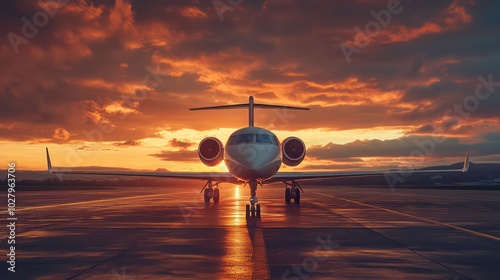 A private jet on the runway at sunset with a dramatic sky in the background.