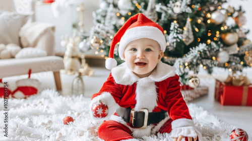 Smiling baby in a Santa Claus costume sitting near a Christmas tree with festive decorations. Concept of Christmas, holiday cheer, winter celebration, and family joy