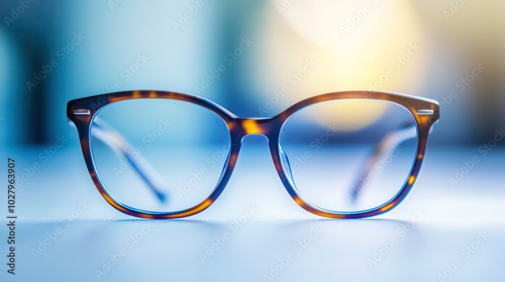 Tortoise shell eyeglasses on a white surface with a blurred background. Tortoise shell eyeglasses on a white surface with a blurred background.