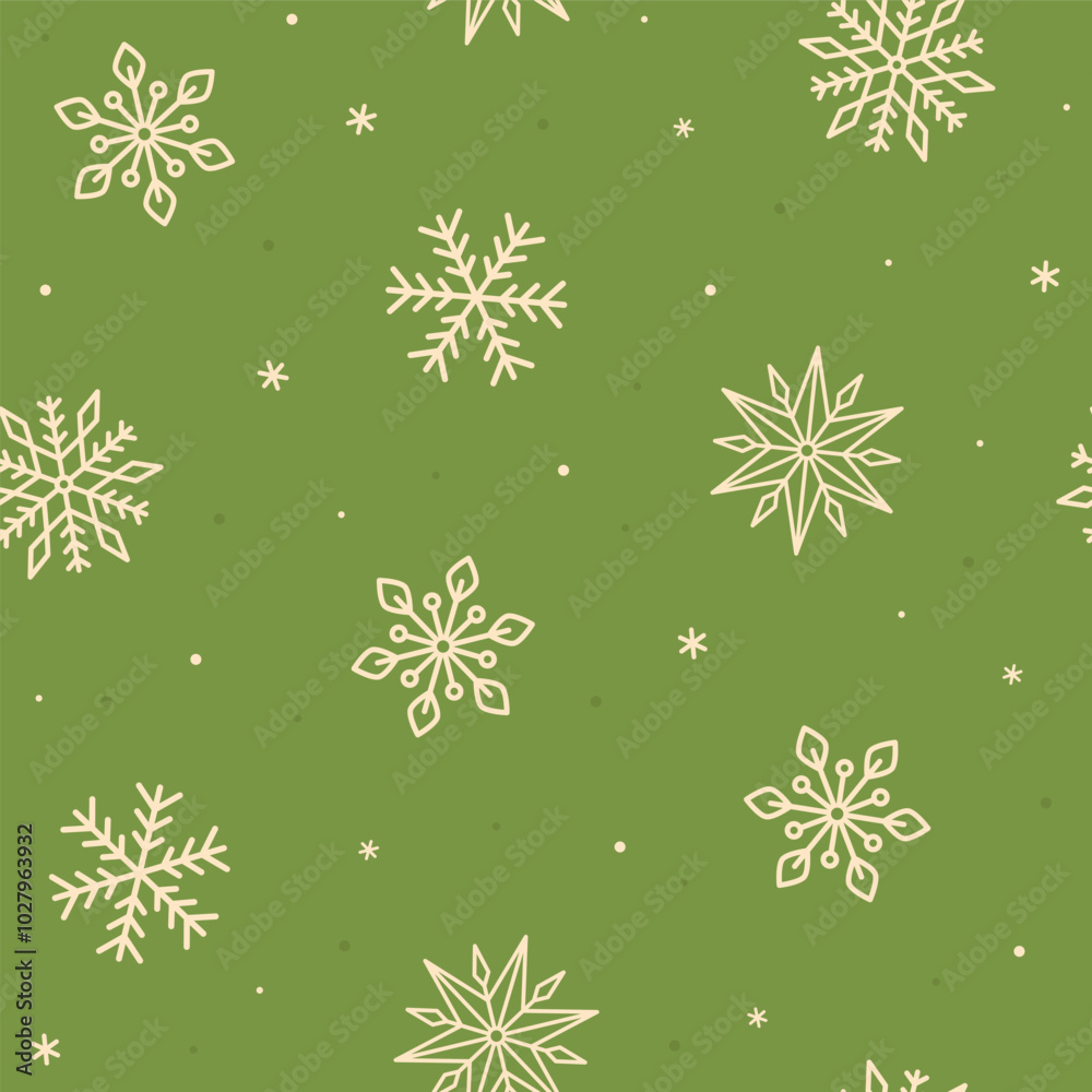 Green pattern with white snowflakes. Seamless pattern. Vector background Green pattern with white snowflakes. Seamless pattern. Vector background
