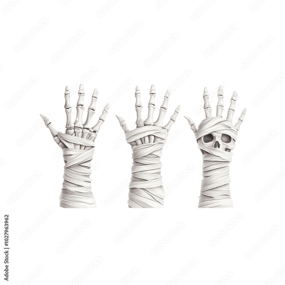 Obraz premium Three spooky skeletal hands wrapped in bandages on a white isolated background. isolated on transparent background.