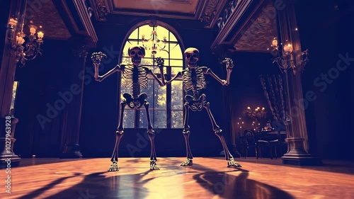 Two skeletons in a spooky, dimly lit ballroom with ornate details and a chandelier above.