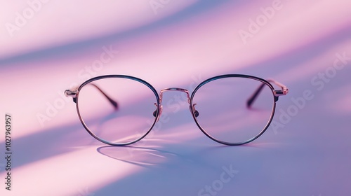 A pair of round eyeglasses with a thin metal frame on a light pink surface.