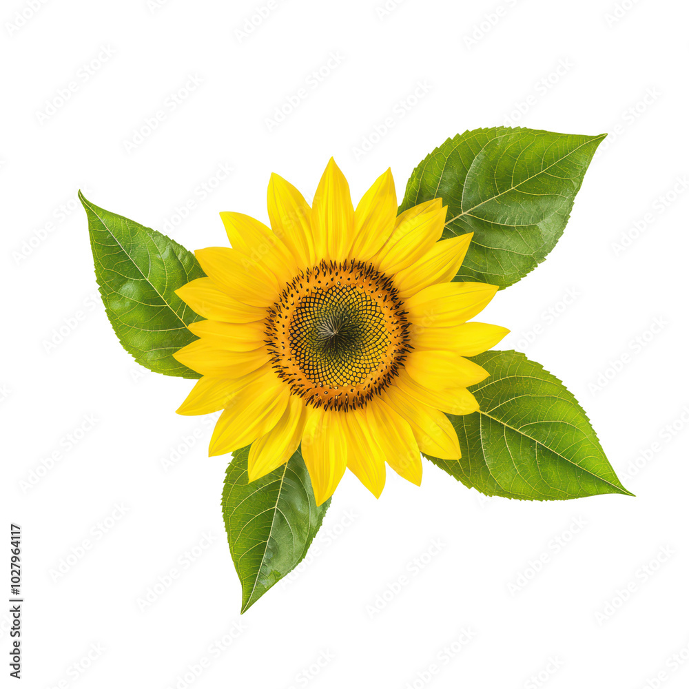 Obraz premium Vibrant sunflower with green leaves, isolated on a white background. isolated on transparent background.