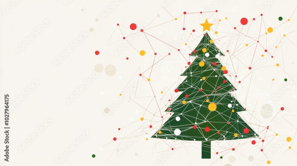 Stylish Christmas Tree with Green Branches and Colorful Dots in Red, Yellow, and White, Connected by Lines on a White Background for a Modern Holiday Feel. Stylish Christmas Tree with Green Branches and Colorful Dots in Red, Yellow, and White, Connected by Lines on a White Background for a Modern Holiday Feel.